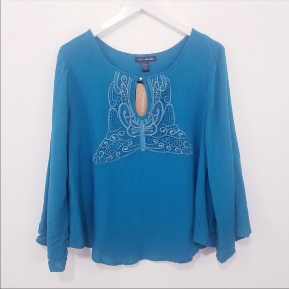 Veronica & Stella Teal Embroidered Keyhole Top Coastal Grandma Bohemian - Picture 1 of 7
